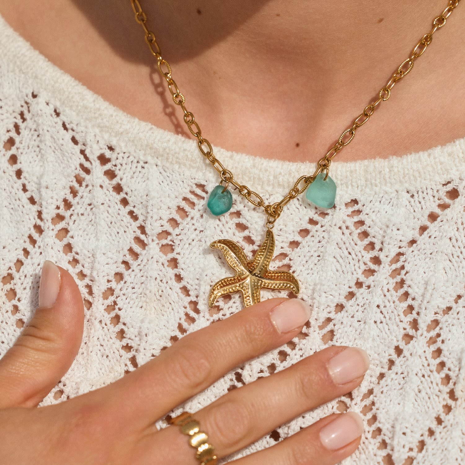 Starfish Necklace Blue Sea Glass Gold