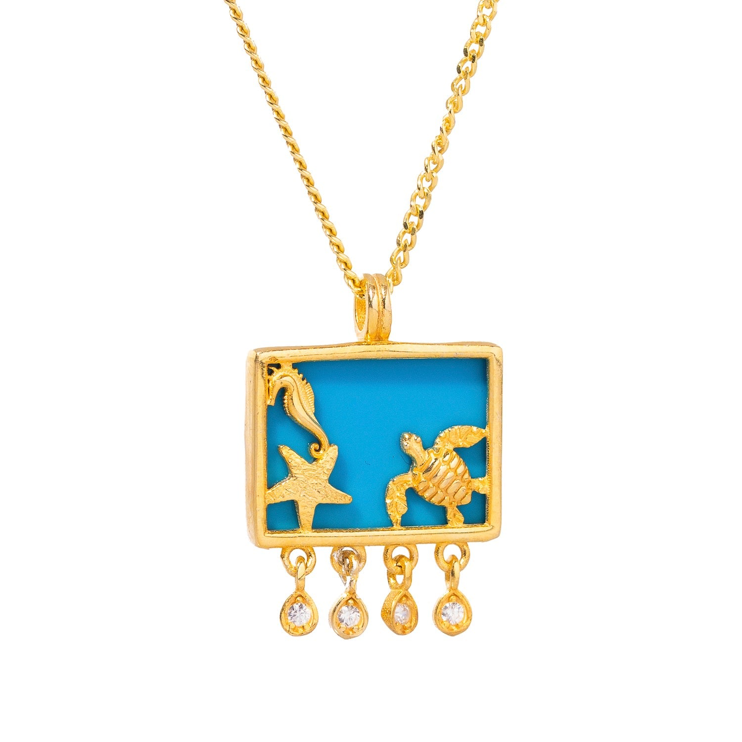 Starfish Ocean Spirit Animal Turquoise & Gold Pendant Chain Necklace - Turquoise