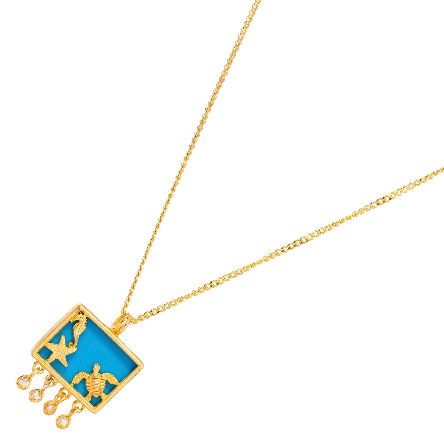 Starfish Ocean Spirit Animal Turquoise & Gold Pendant Chain Necklace - Turquoise