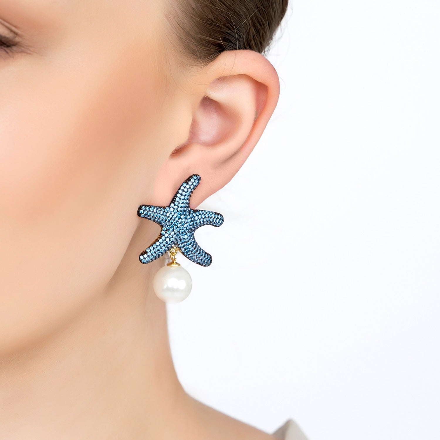 Starfish Pearl Drop Earrings Blue Topaz Cz Gold