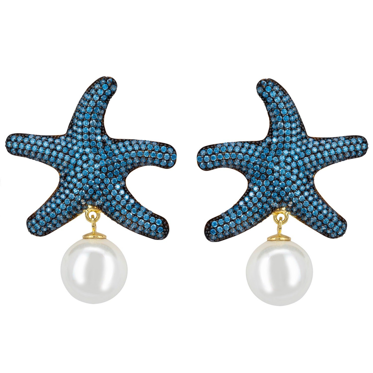 Starfish Pearl Drop Earrings Blue Topaz Cz Gold