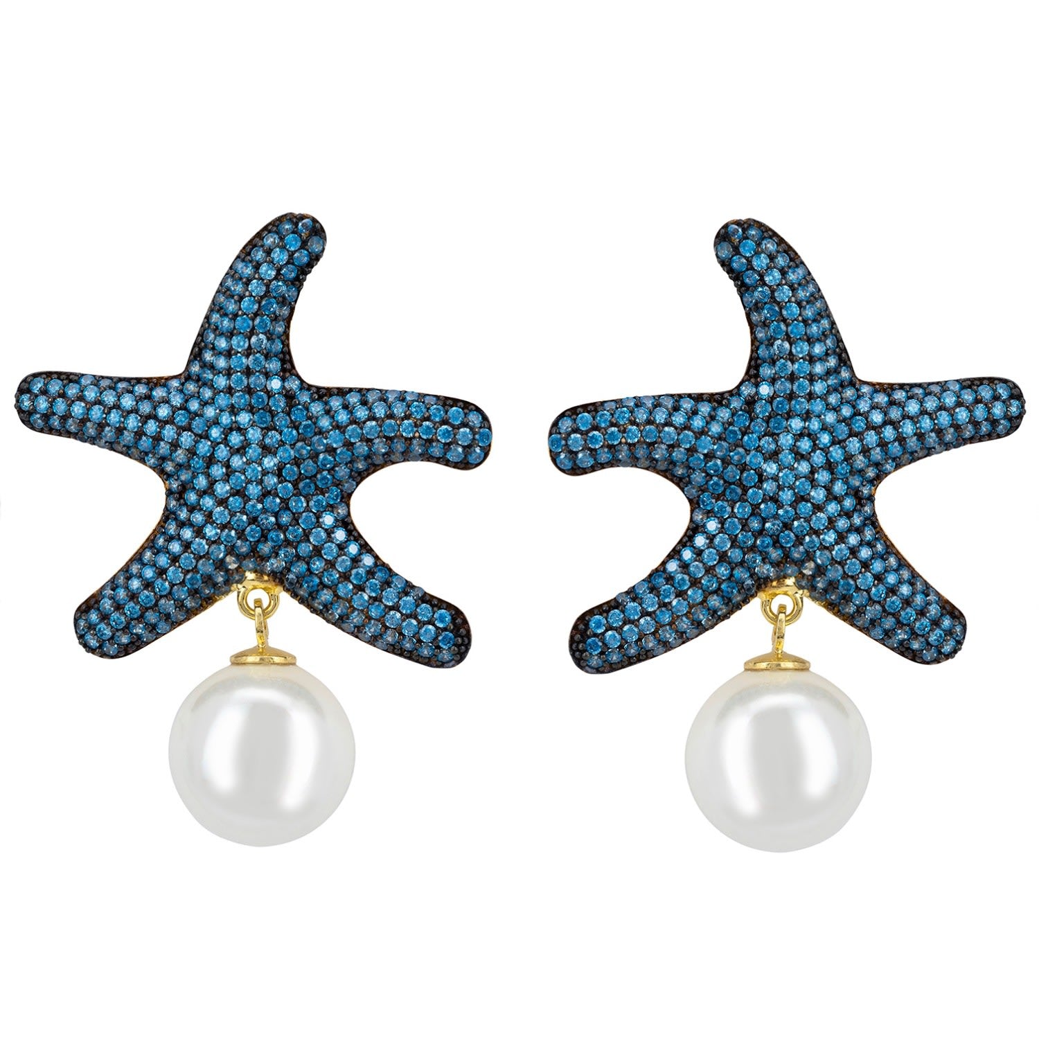 Starfish Pearl Drop Earrings Blue Topaz Cz Gold