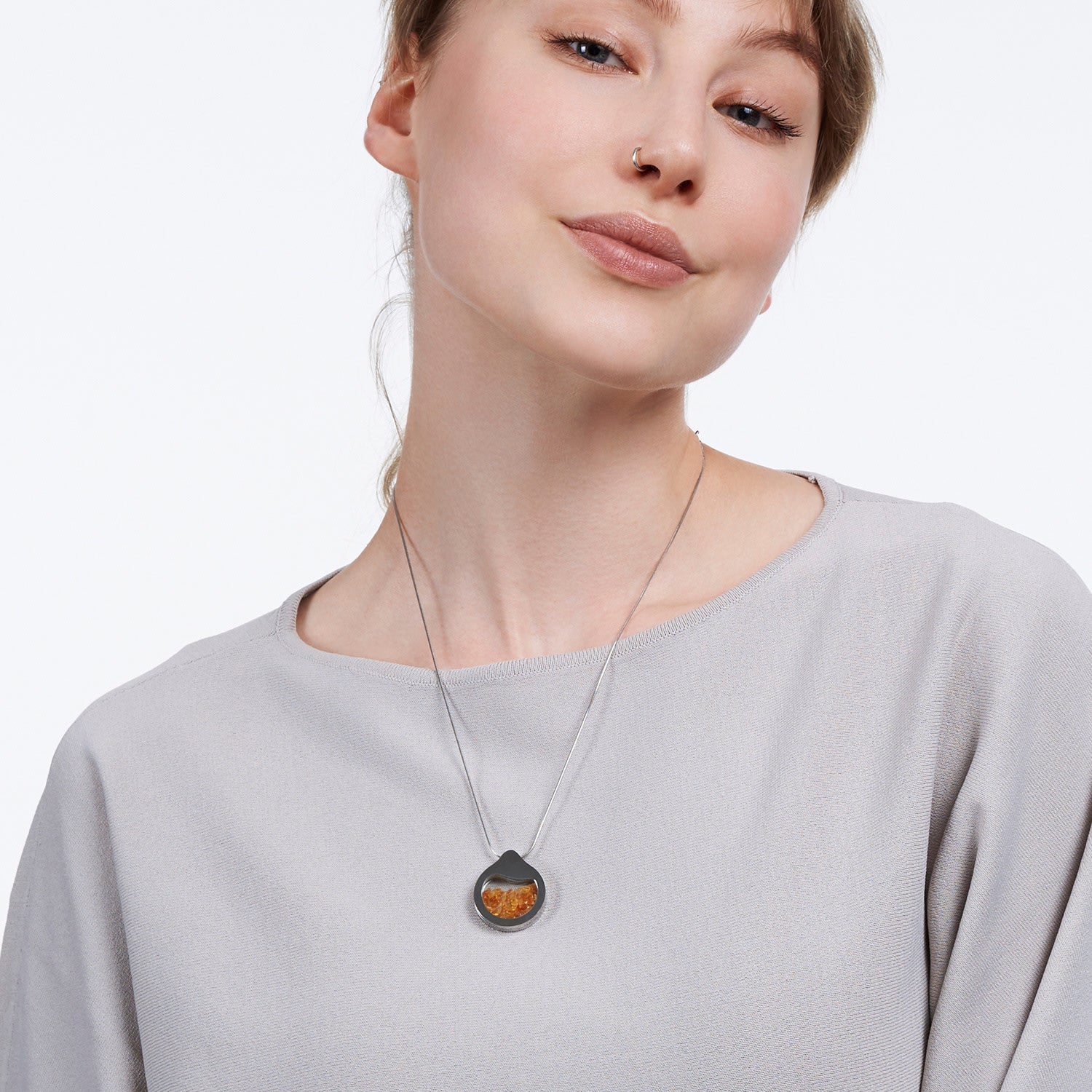 Amber Necklace - Natural Genuine Amber Pendant In Stainless Steel, Timeless Jewelry Gift For Her - Orange