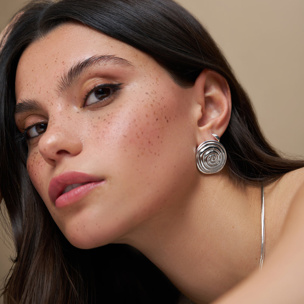 Statement Spiral Stud Earrings - Silver