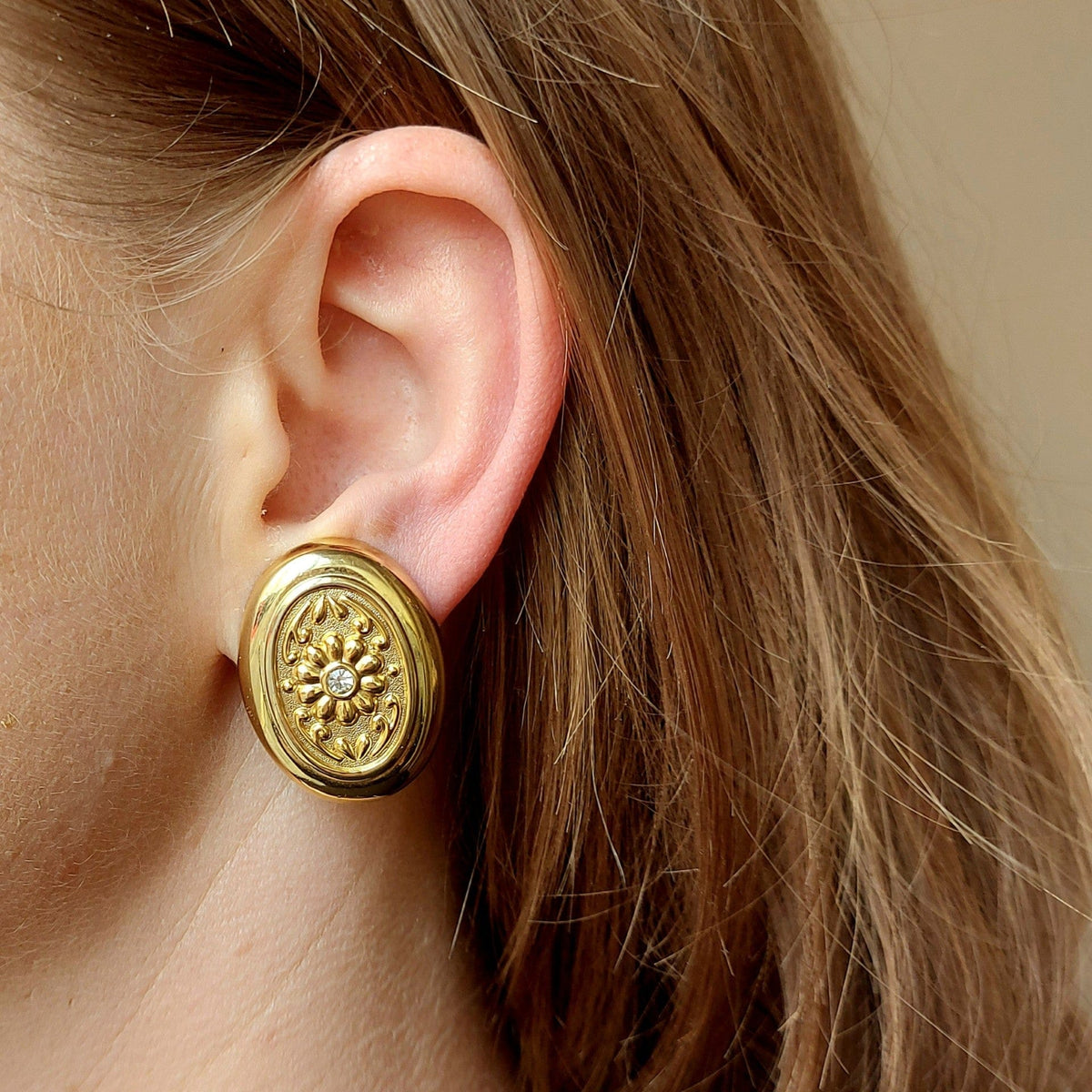 Vintage Statement Oval Crystal Clip-On Earrings