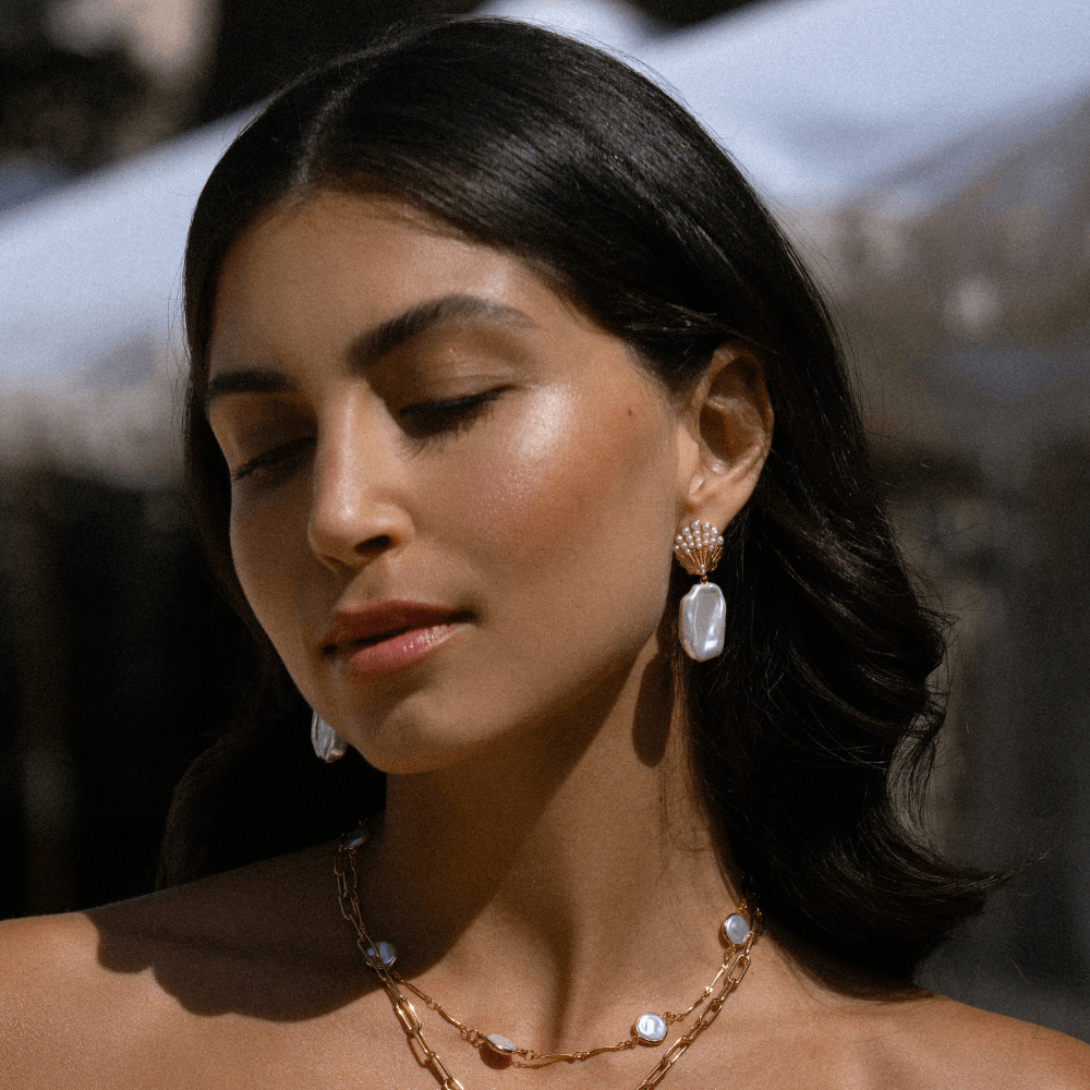 Embellished Shell & Pearl Drop Earrings
