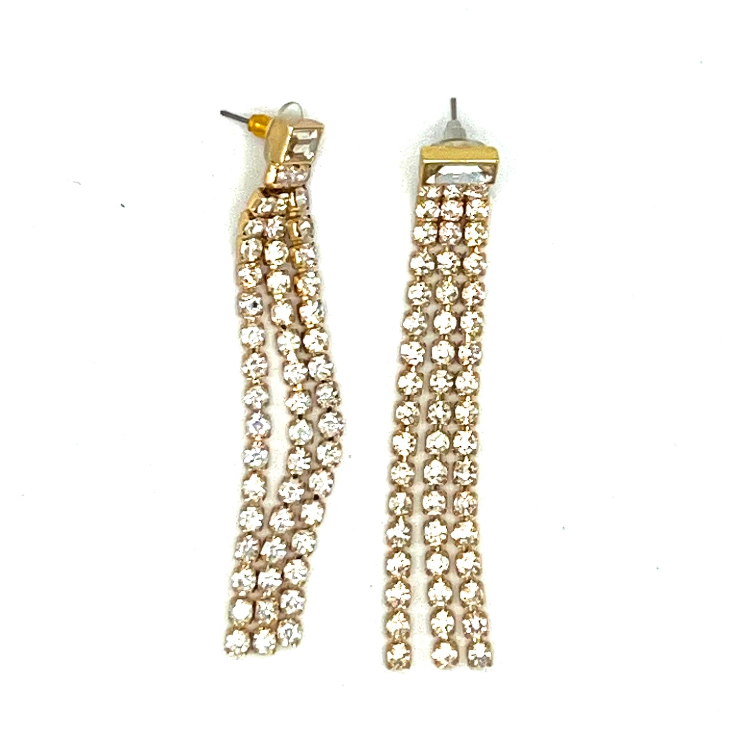 Statement Earrings With Baguette Rhinestone Top & Chain Fringe - Gold Plated