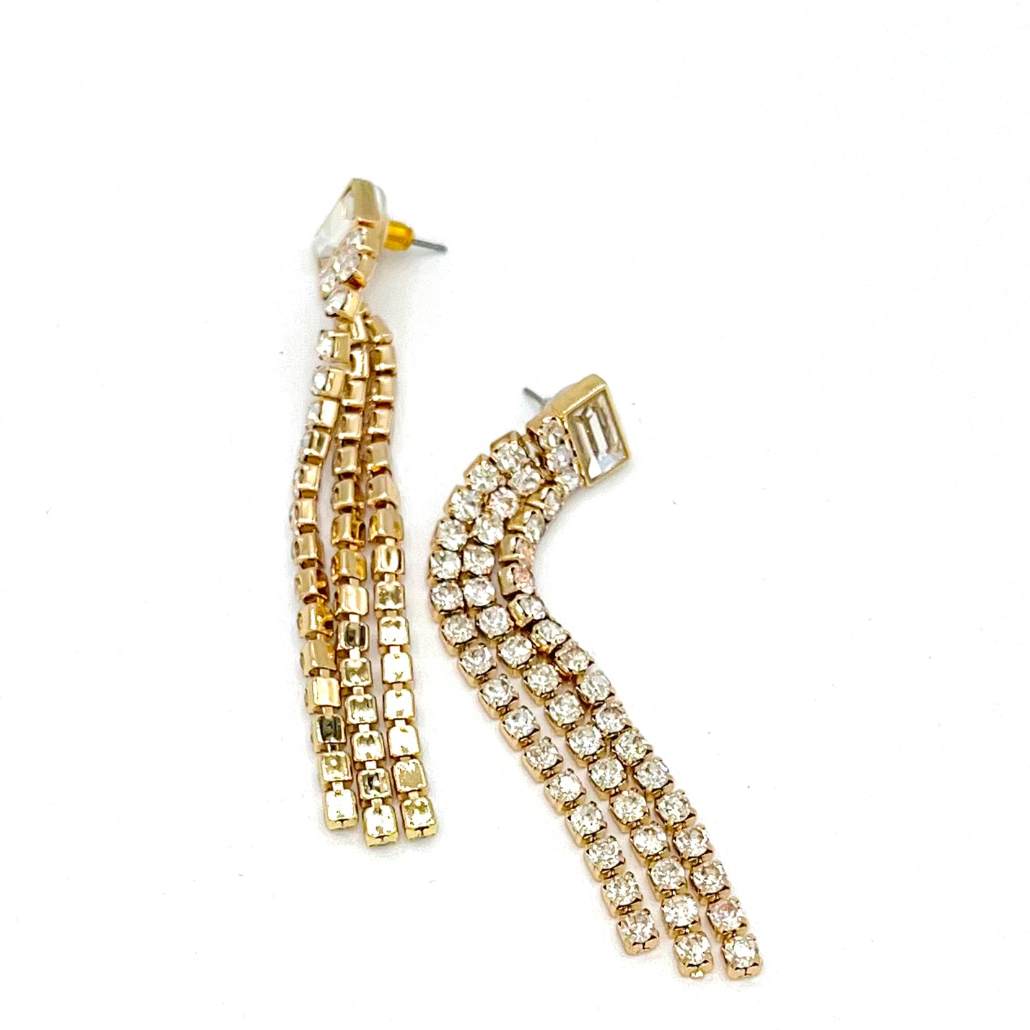 Statement Earrings With Baguette Rhinestone Top & Chain Fringe - Gold Plated