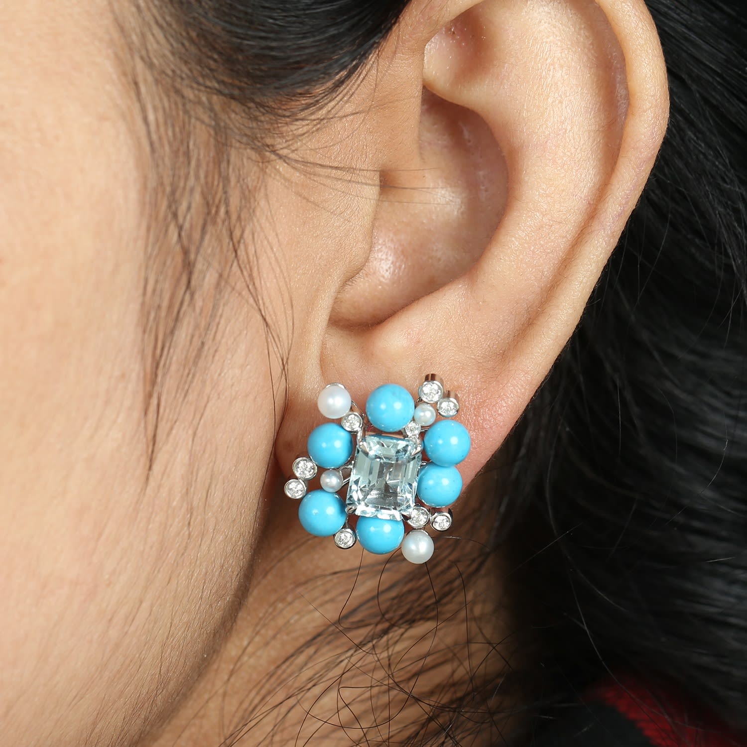 Statement Gemstone Cluster Earrings With Aquamarine, Turquoise & Pearls