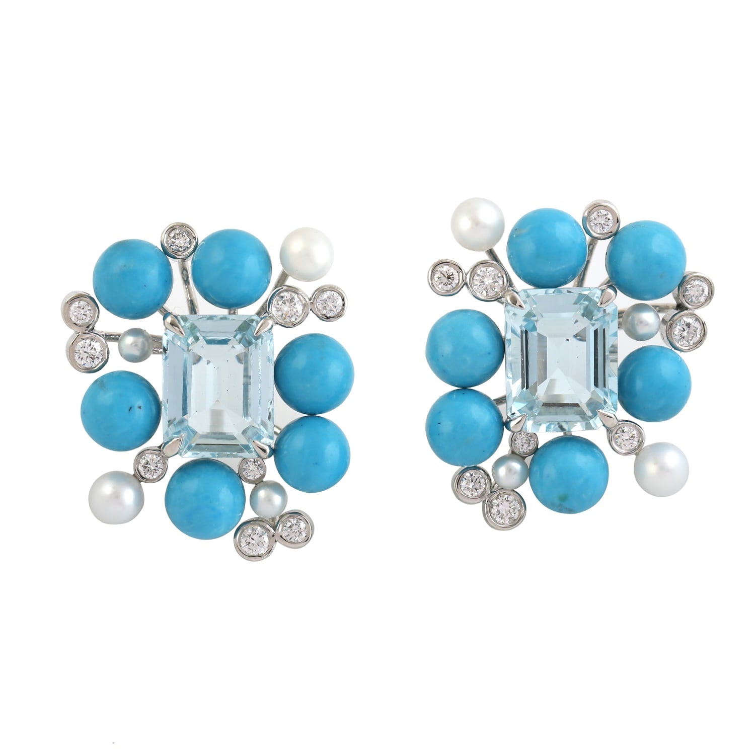 Statement Gemstone Cluster Earrings With Aquamarine, Turquoise & Pearls