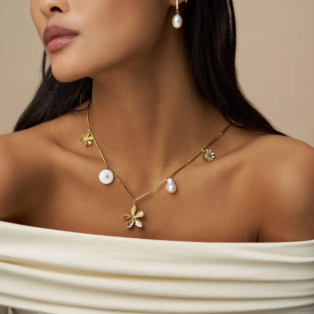 Statement Flower & Pearl Charm Necklace