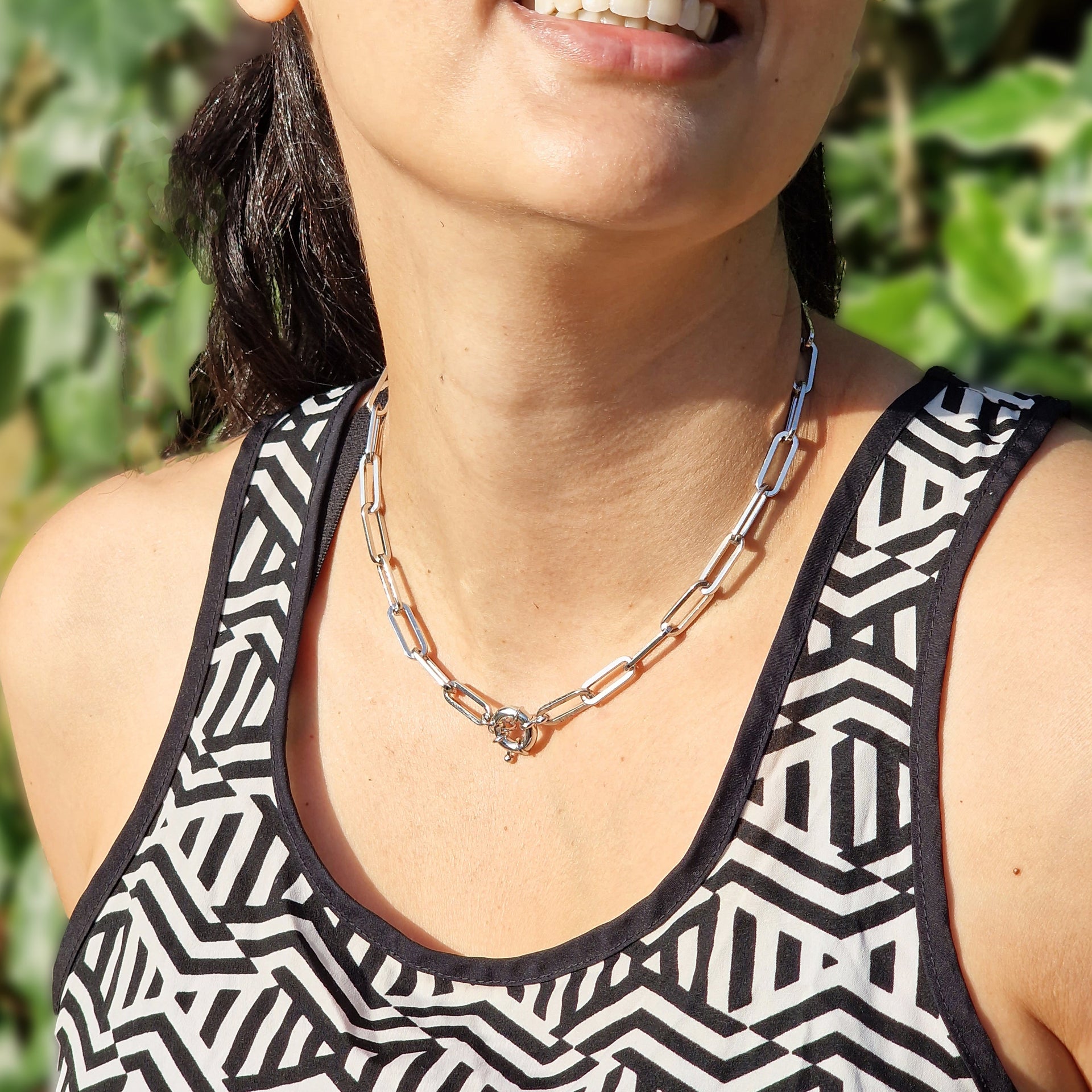 Statement Rhodium Filled Silver Paperclip Link Necklace