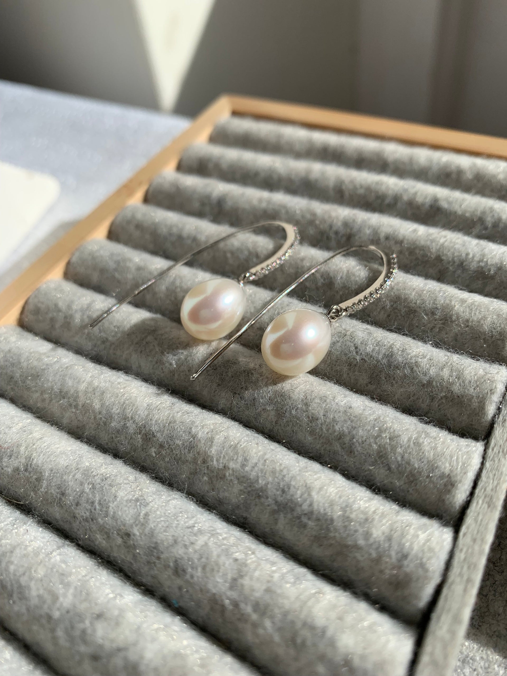 Stella Cultured Freshwater Pearl Drop Earrings On Long Pave Silver Hooks