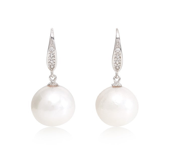Stella Cultured Freshwater Pearl Drop Earrings On Pave Silver Hooks