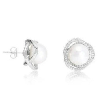 Stella Cultured Freshwater Pearl Stud Earrings With Pave Swirl Surround