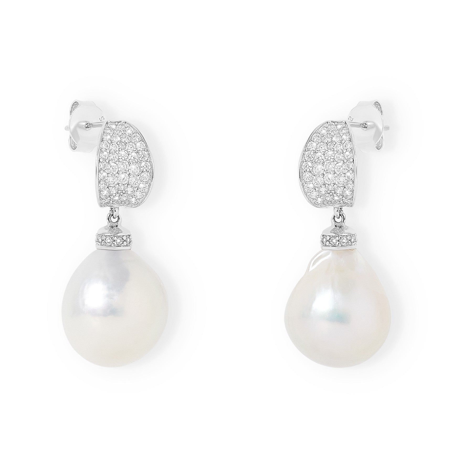 Stella Curved Pave Earrings With Baroque Cultured Freshwater Pearls