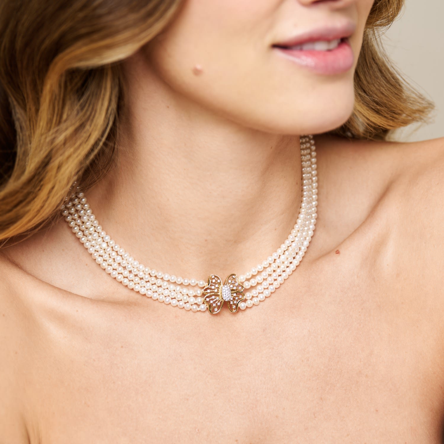 Stella Four Strand Small Cultured Freshwater Pearl Necklace With Butterfly Clasp