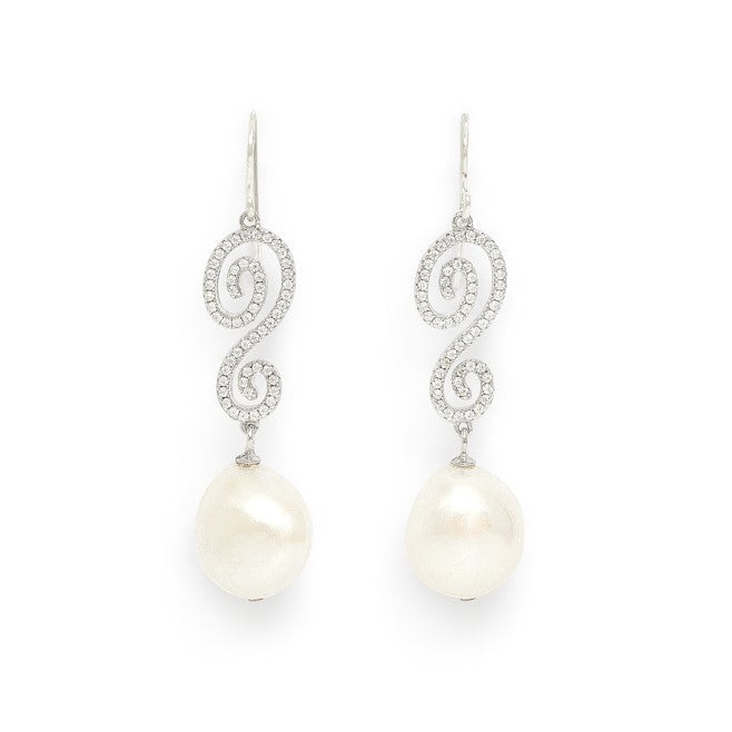 Stella Long Pave Swirl Earrings With Baroque Cultured Freshwater Pearl Drops