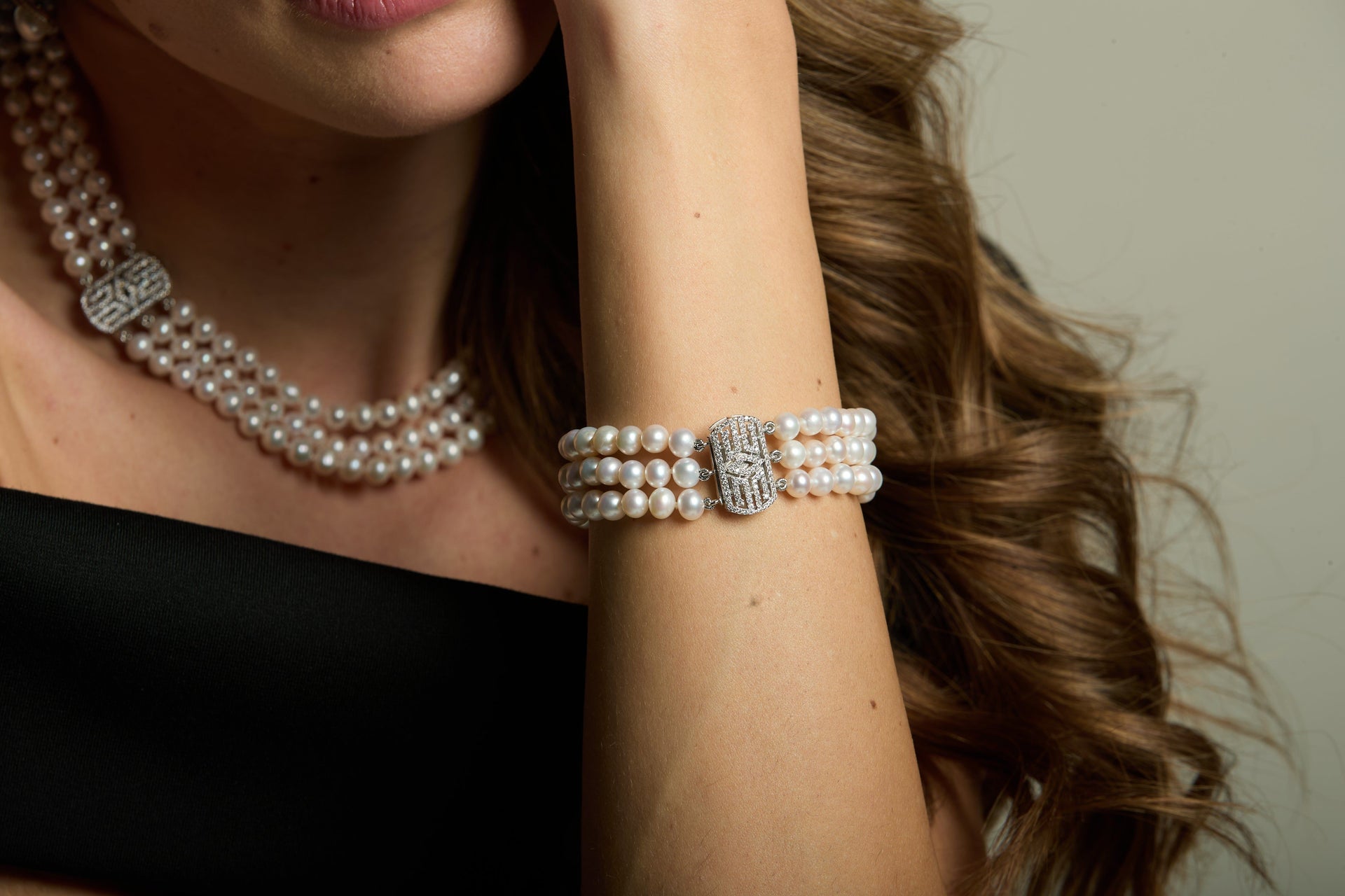 Stella Triple Strand Cultured Freshwater Pearl Bracelet With Art Deco Style Pave Clasp