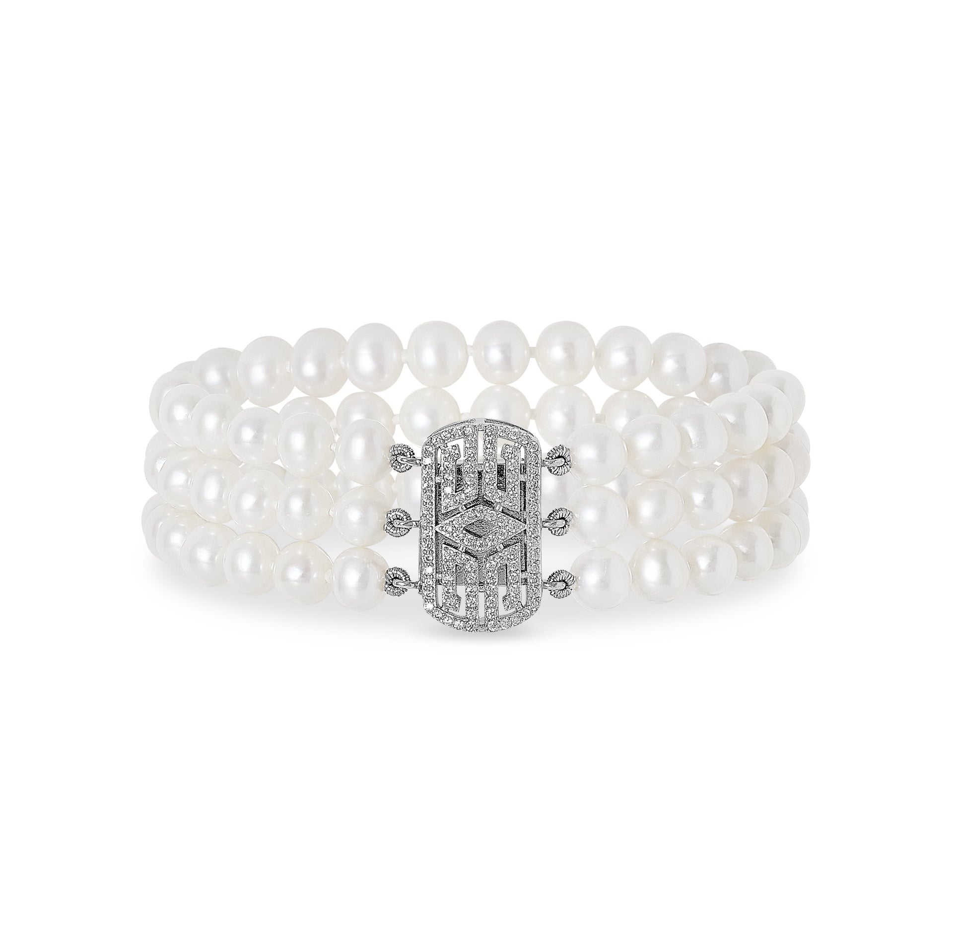 Stella Triple Strand Cultured Freshwater Pearl Bracelet With Art Deco Style Pave Clasp