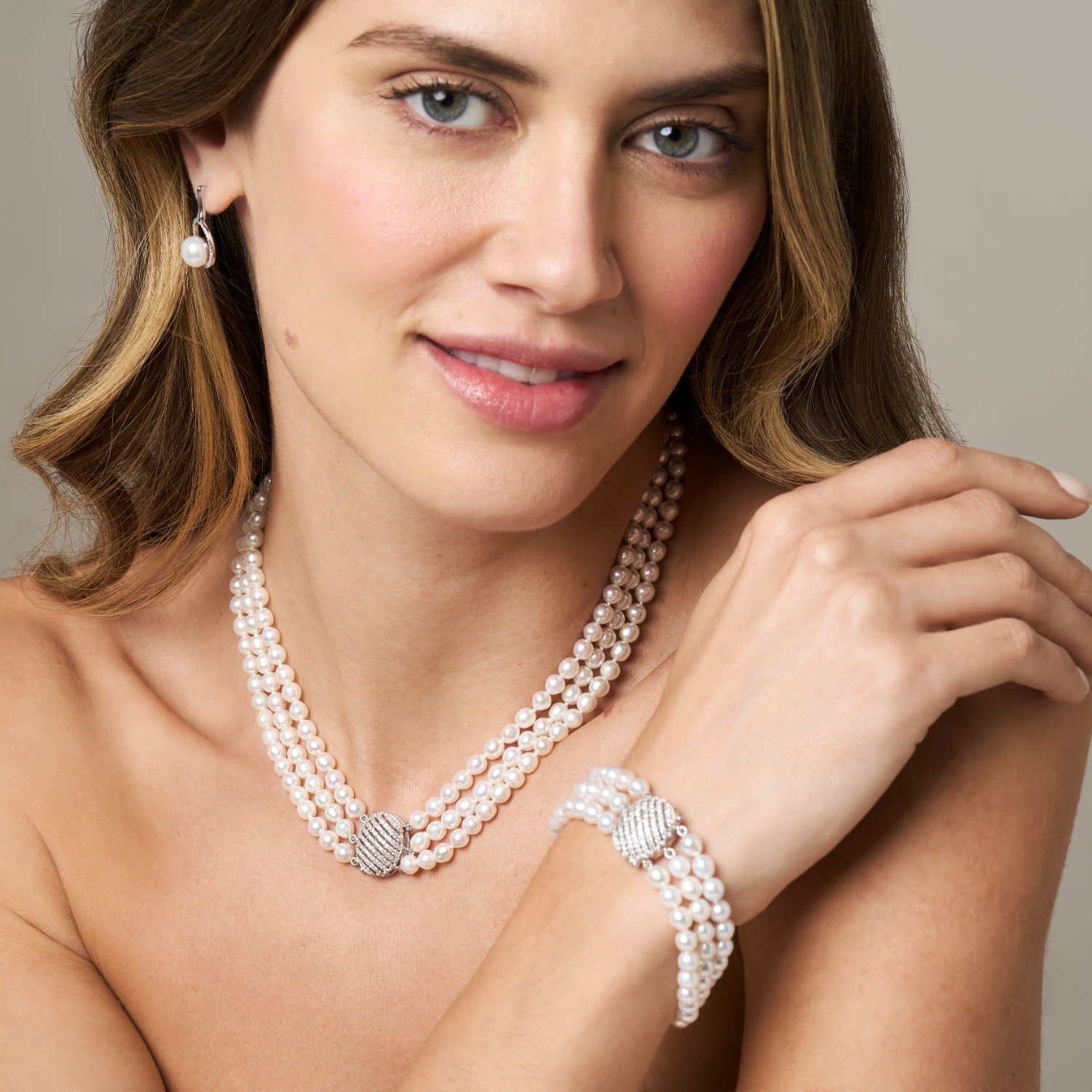 Stella Triple Strand Cultured Freshwater Pearl Necklace With Vintage Style Oval Pave