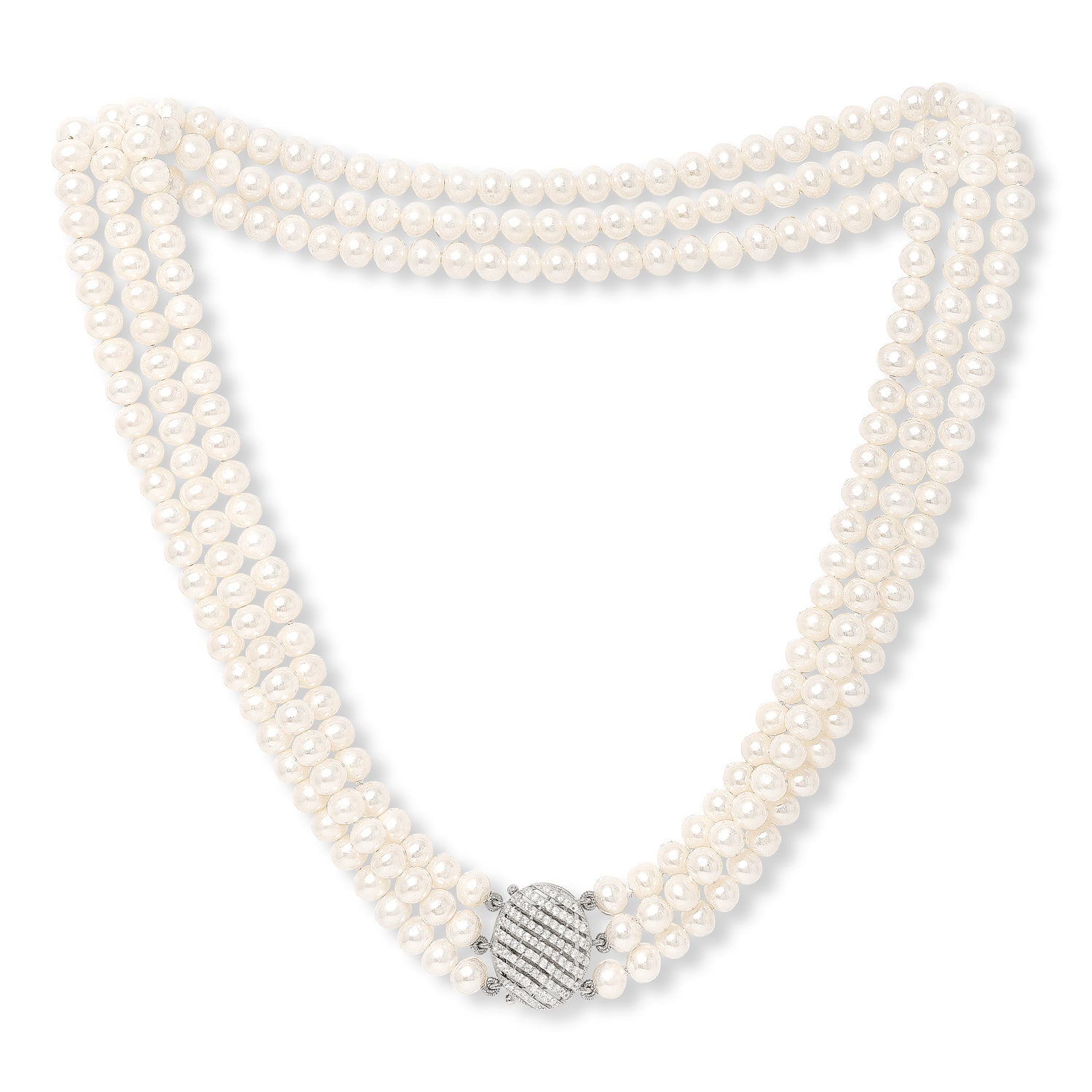 Stella Triple Strand Cultured Freshwater Pearl Necklace With Vintage Style Oval Pave