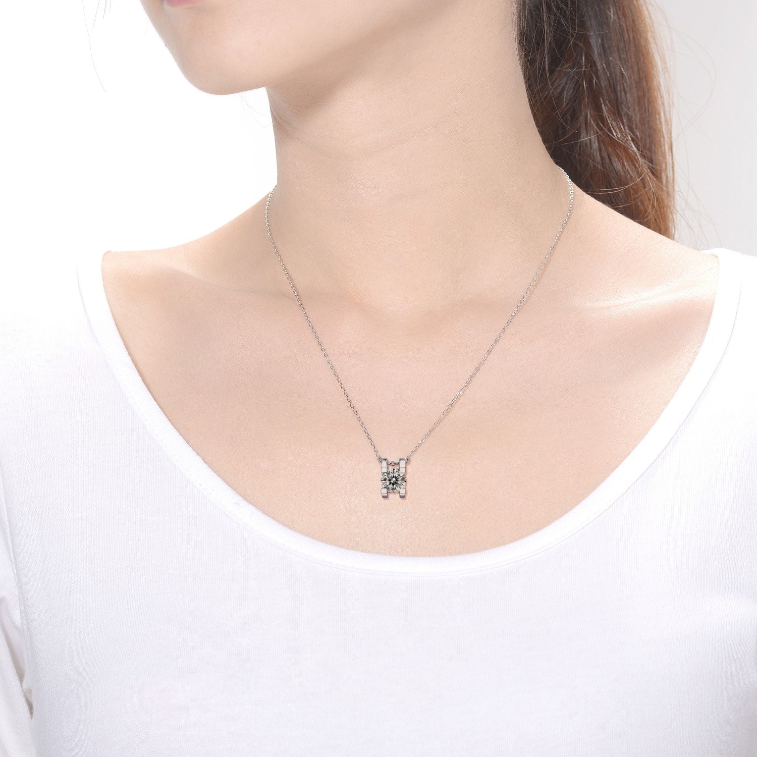 Stella Valentino Sterling Silver White Gold Plated With Lab Created Moissanite Round Solitaire Slide Pendant Necklace