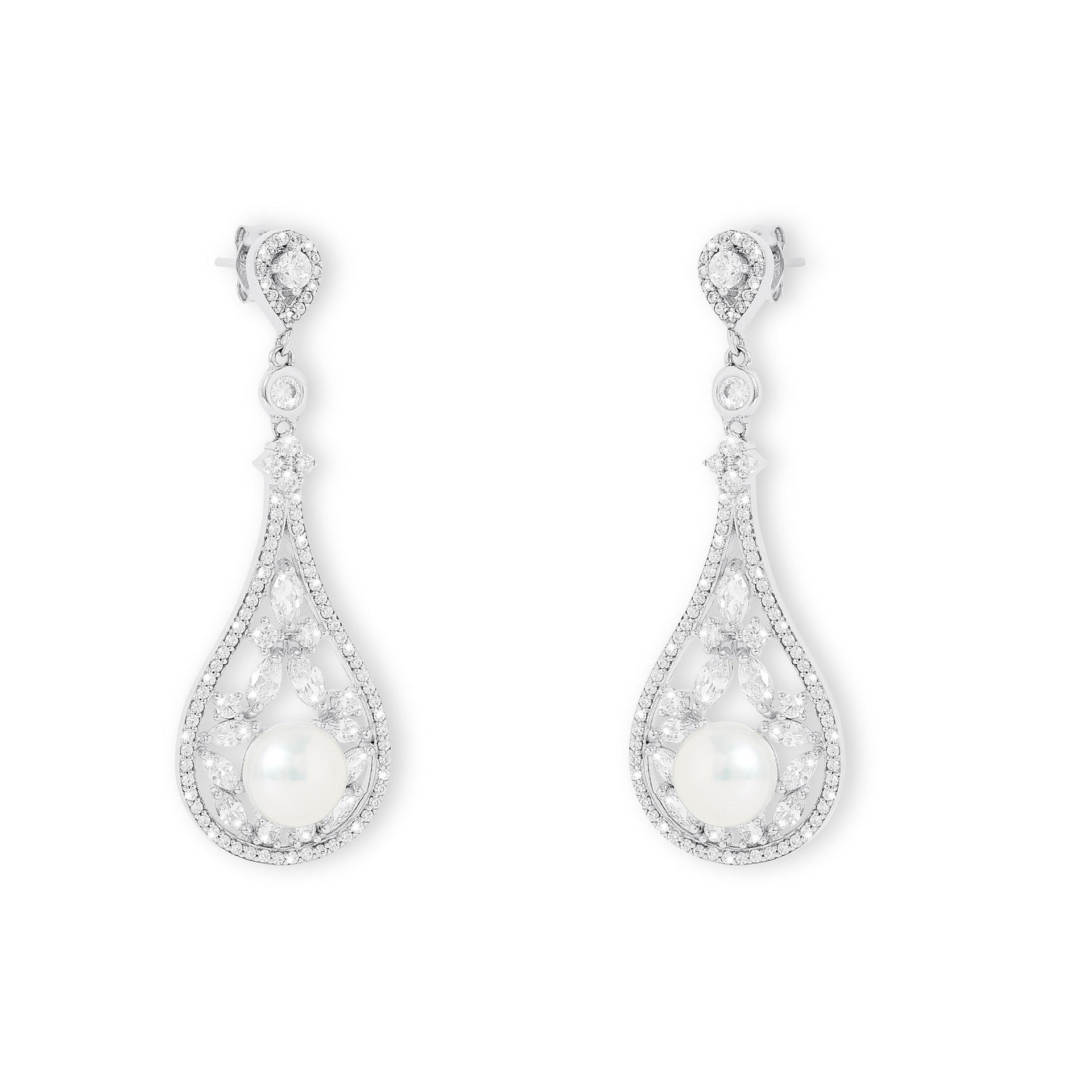 Stella Vintage Style Pave Teardrop Earrings With Cultured Freshwater Pearls