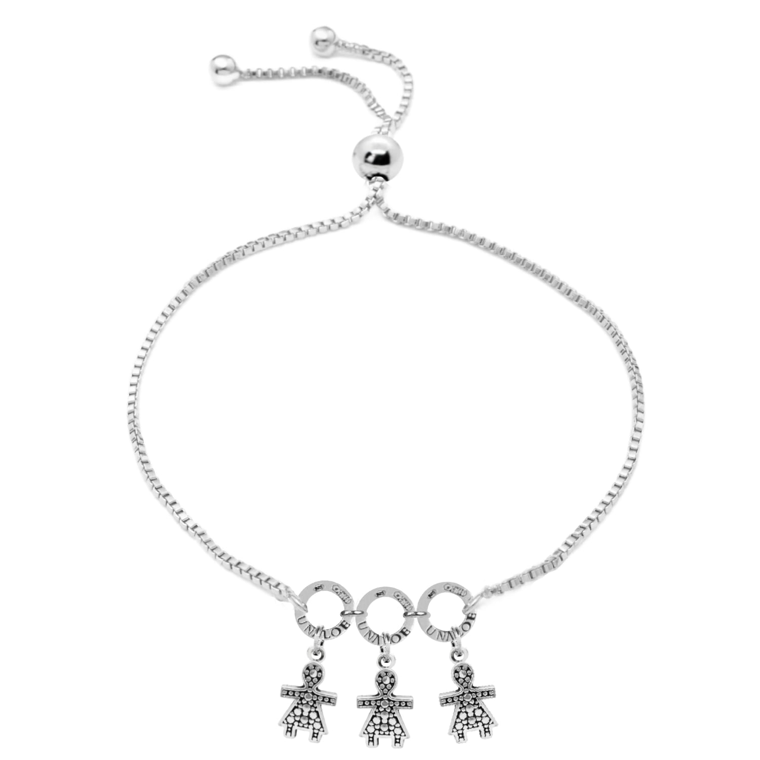 Adjustable Sterling Silver Ball Bracelet For Mom With Three Girl Charms, Perfect Gift