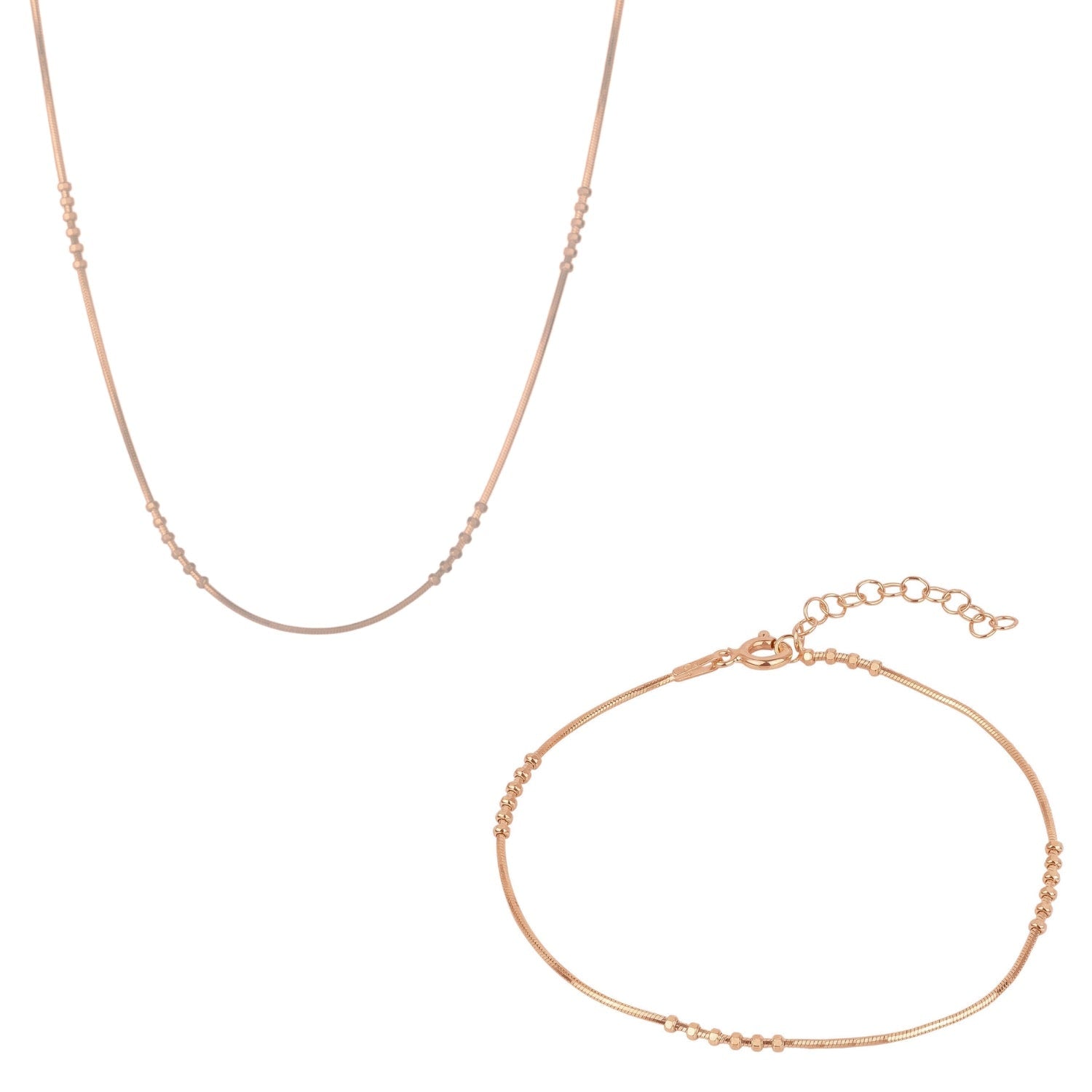 Sterling Rose Gold Bracelet & Necklace Set Small Beaded - Rose Gold