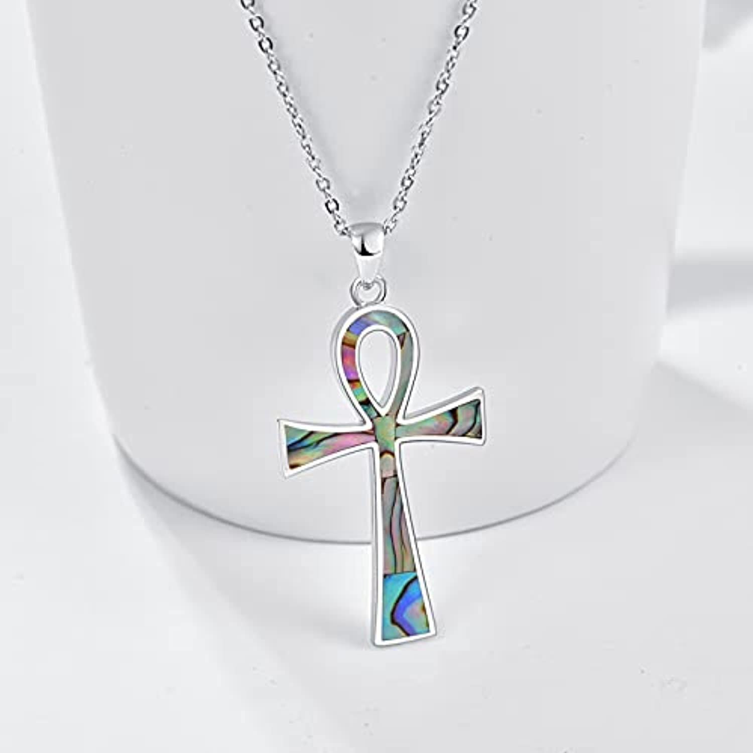 Sterling Silver Abalone Shellfish Ankh Pendant Necklace
