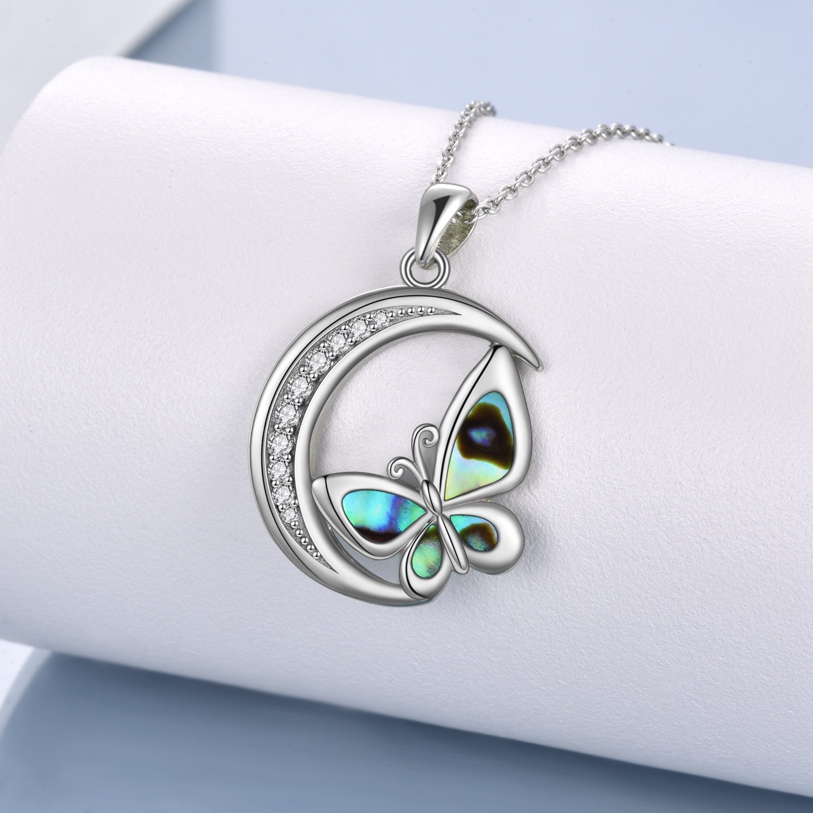 Sterling Silver Abalone Shellfish Butterfly & Moon Pendant Necklace for Women