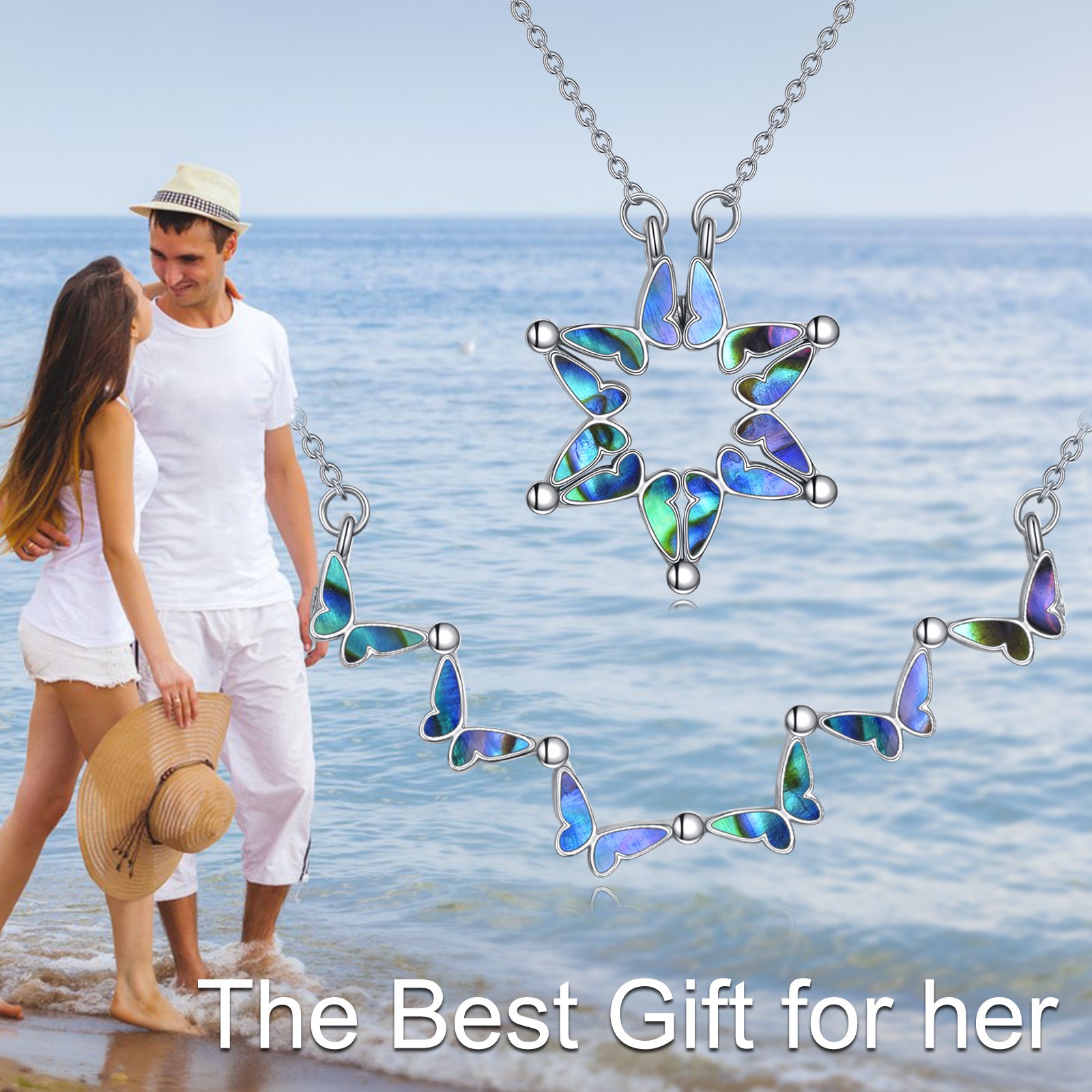 Sterling Silver Abalone Shellfish Butterfly & Star Pendant Necklace