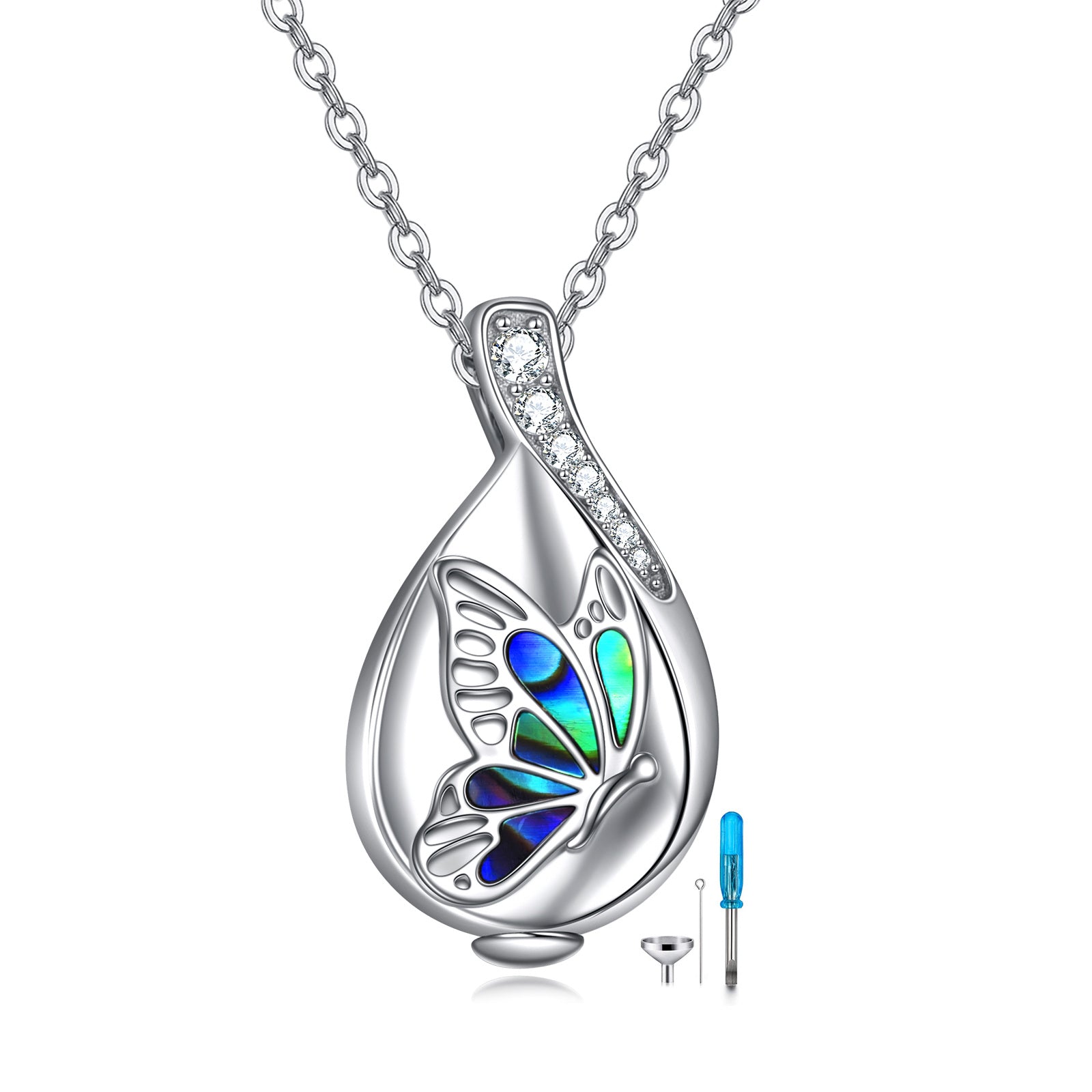 Sterling Silver Abalone Shellfish & Cubic Zirconia Butterfly Urn Necklace for Ashes