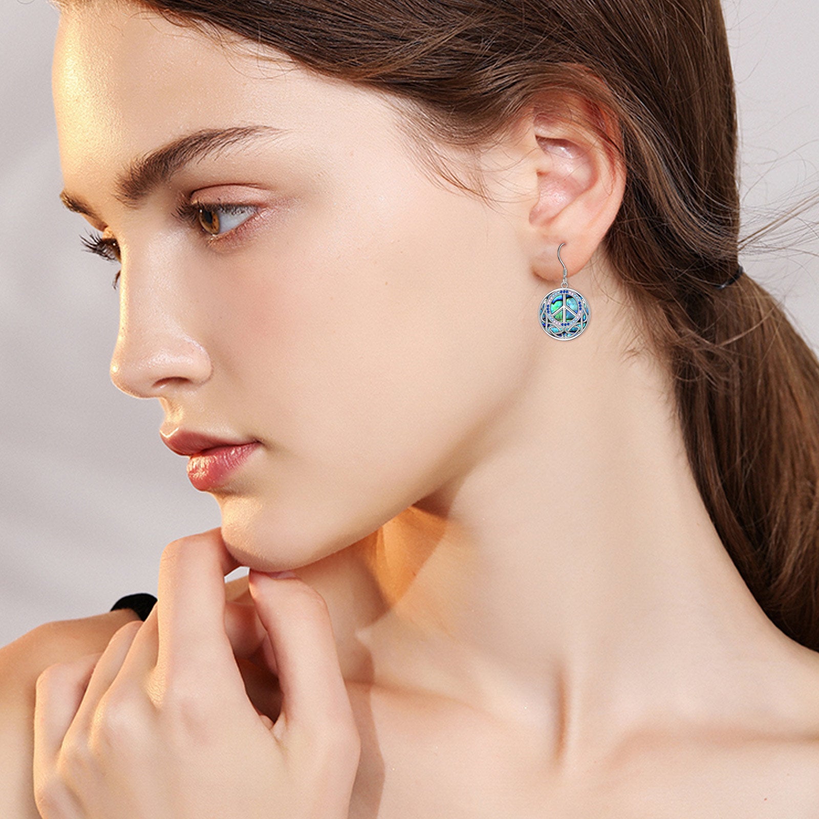 Sterling Silver Abalone Shellfish Celtic Knot & Peace Symbol Drop Earrings for Women