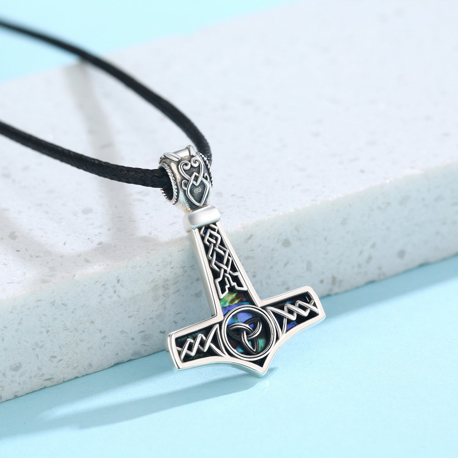 Sterling Silver Abalone Shellfish Celtic Knot & Thor's Hammer Pendant Necklace