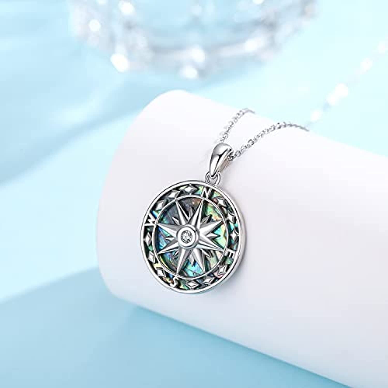Sterling Silver Abalone Shellfish Compass Pendant Necklace