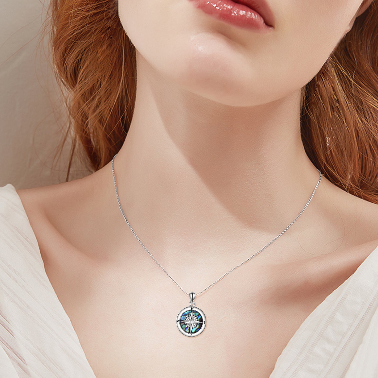Sterling Silver Abalone Shellfish & Cubic Zirconia Compass Urn Necklace for Ashes