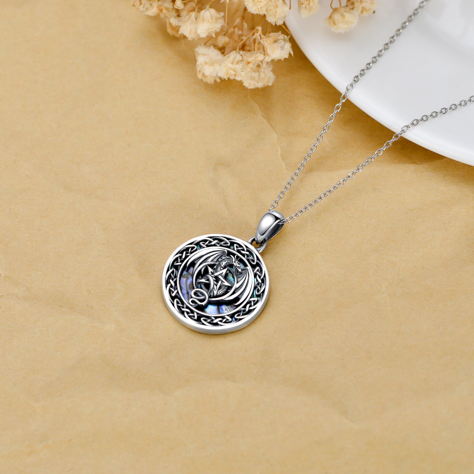 Sterling Silver Abalone Shellfish Dragon With Celtic Knot & Pentagram Pendant Necklace For Women