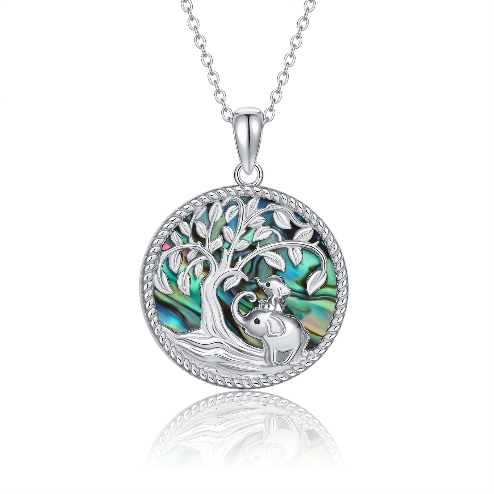 Sterling Silver Abalone Shellfish Elephant & Tree Of Life Pendant Necklace
