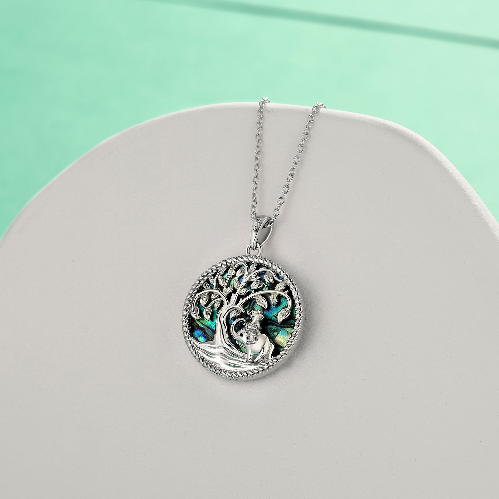 Sterling Silver Abalone Shellfish Elephant & Tree Of Life Pendant Necklace