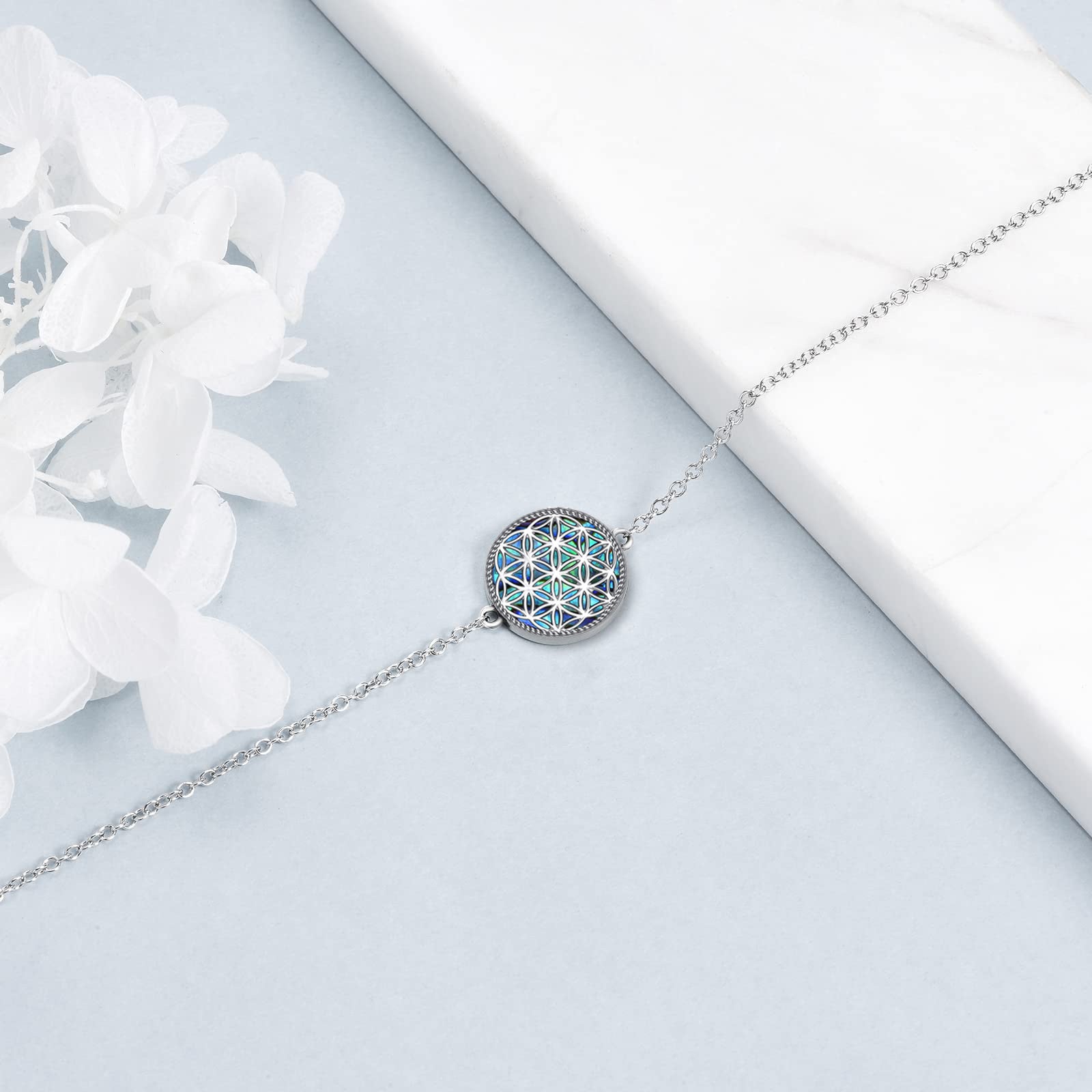 Sterling Silver Abalone Shellfish Flower Of Life Charm Bracelet