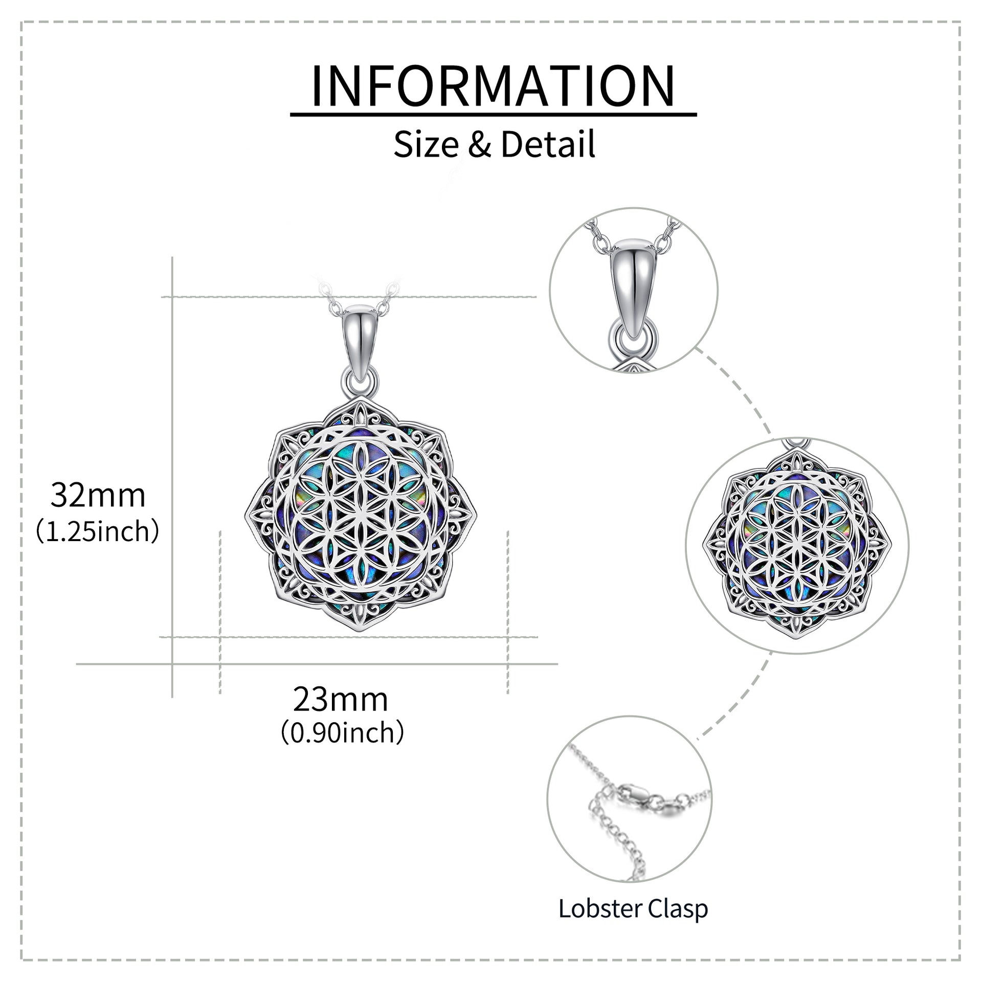 Sterling Silver Abalone Shellfish Flower Of Life Pendant Necklace