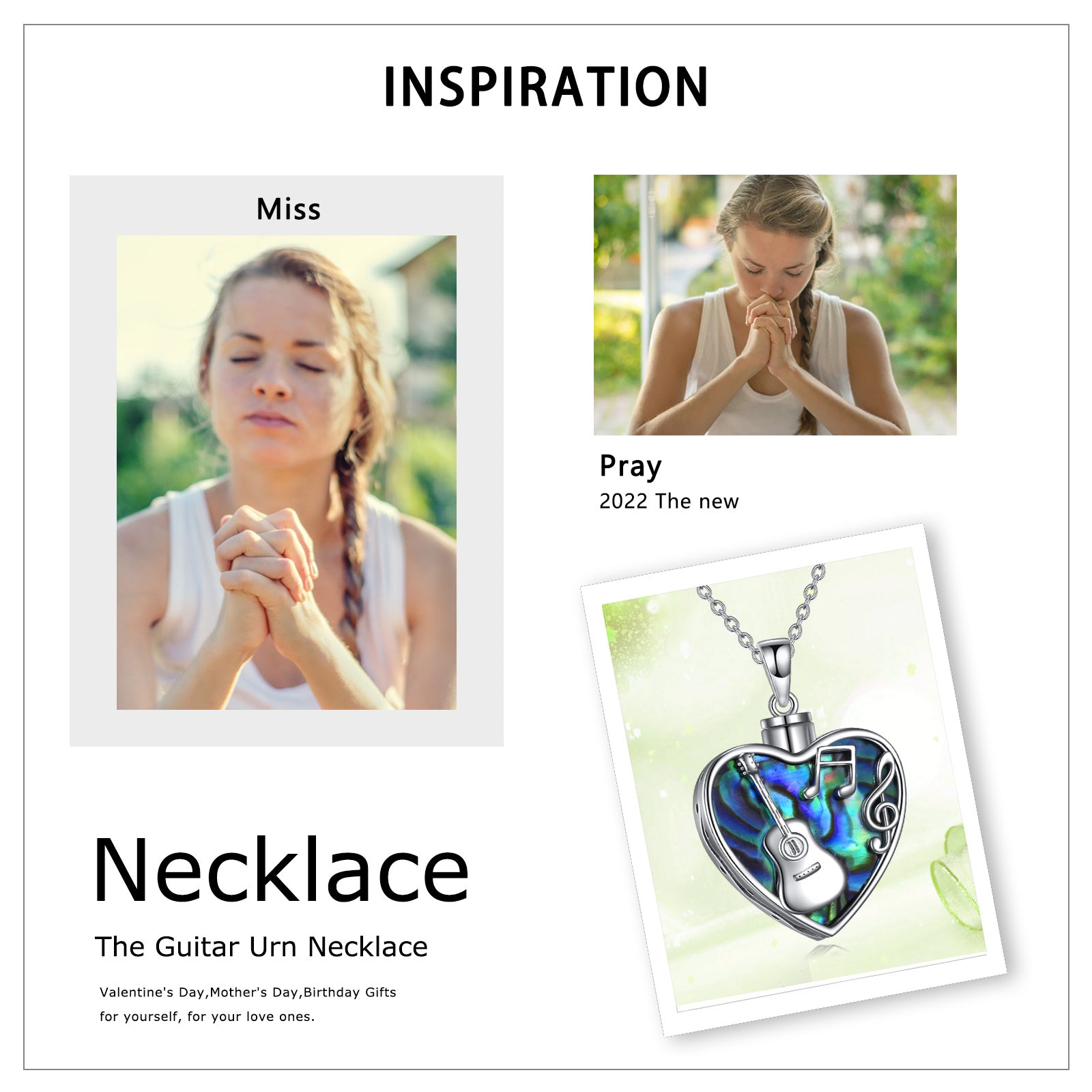 Sterling Silver Heart Abalone Shellfish Guitar With Music Symbol Urn Necklace For Ashes With Engraved Word For Women Best Sister