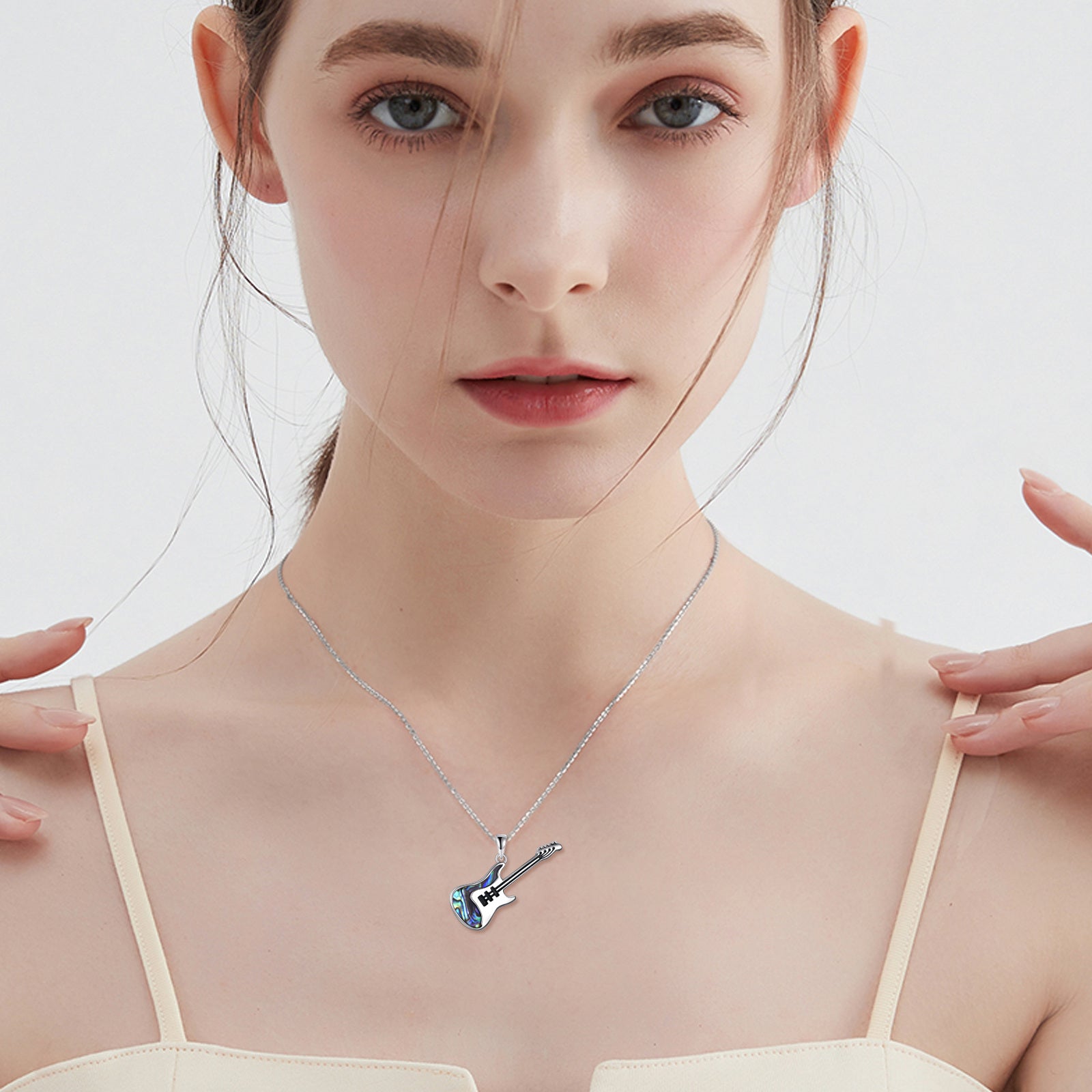 Sterling Silver Abalone Shellfish Guitar Pendant Necklace with Cable Chain