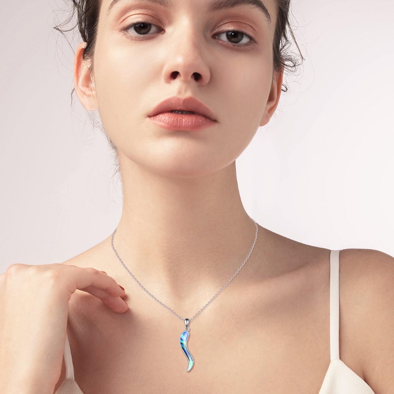 Sterling Silver Abalone Shellfish Italian Horn Pendant Necklace