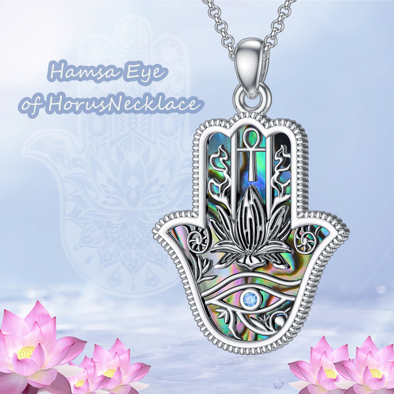 Sterling Silver Abalone Shellfish With Cubic Zirconia Eye Of Horus & Hamsa Hand Pendant Necklace For Unisex