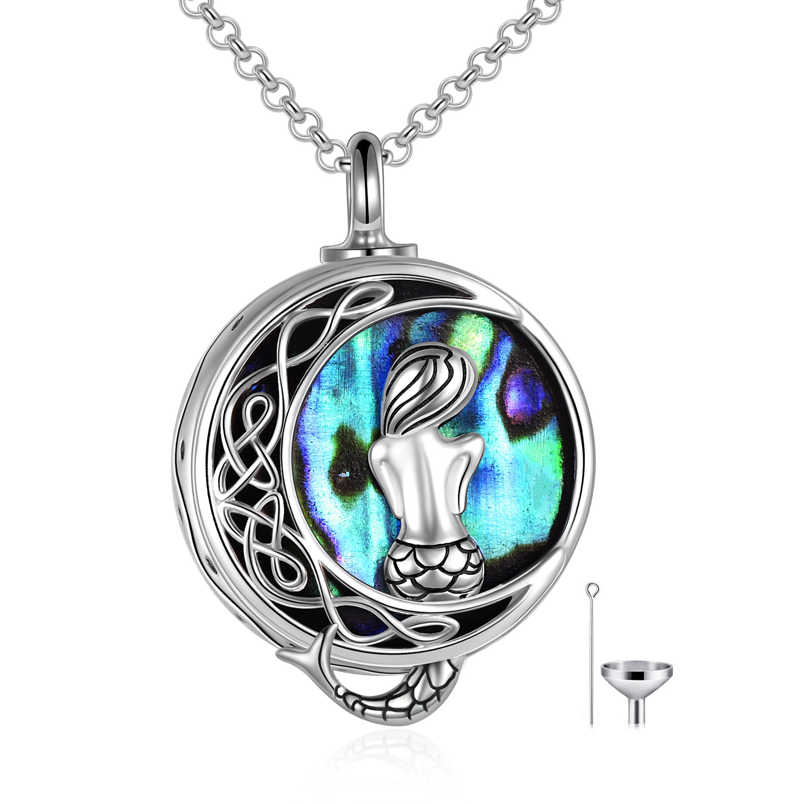 Sterling Silver Abalone Shellfish Mermaid Urn Necklace for Ashes with Engraved Word