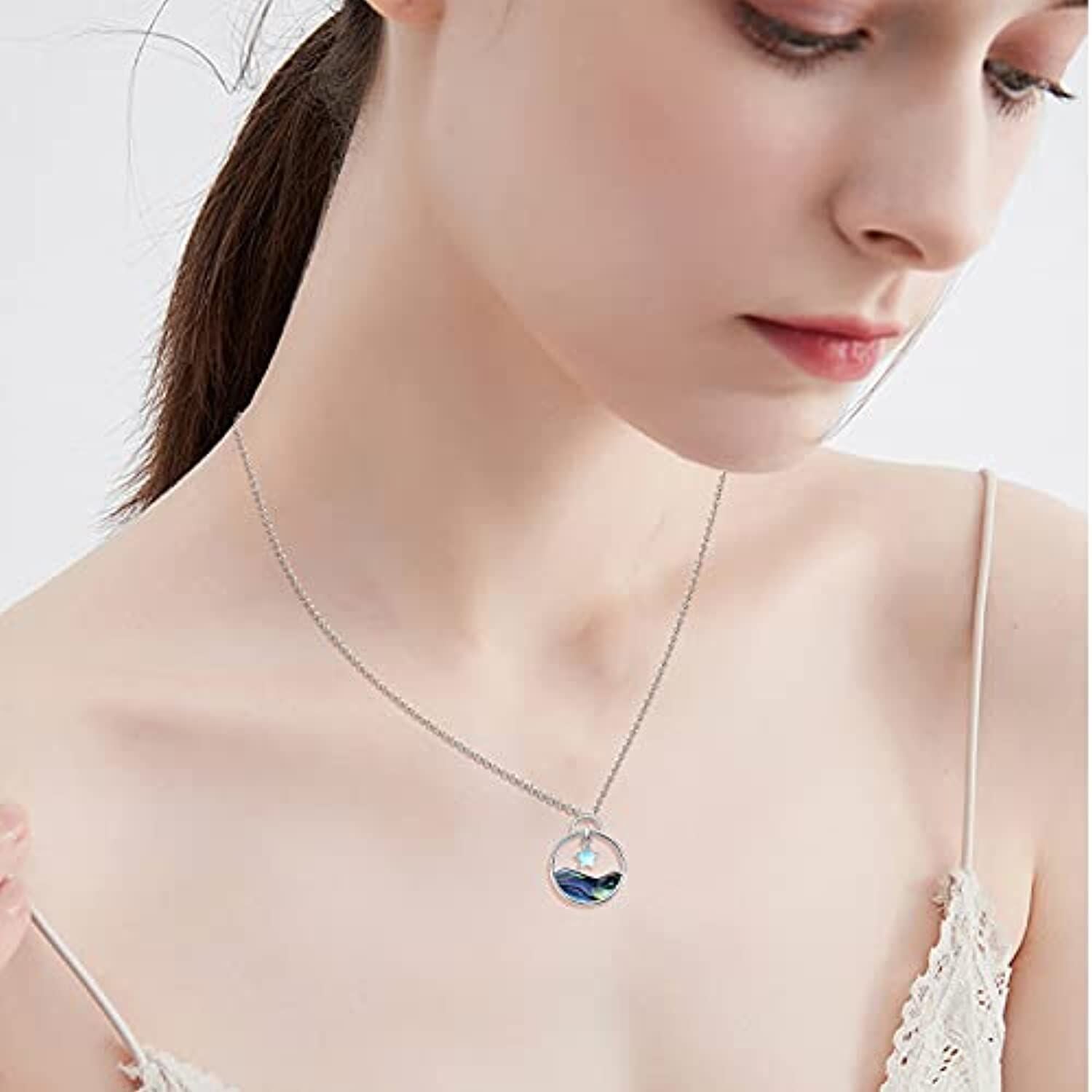 Sterling Silver Abalone Shellfish & Moonstone Spray Pendant Necklace