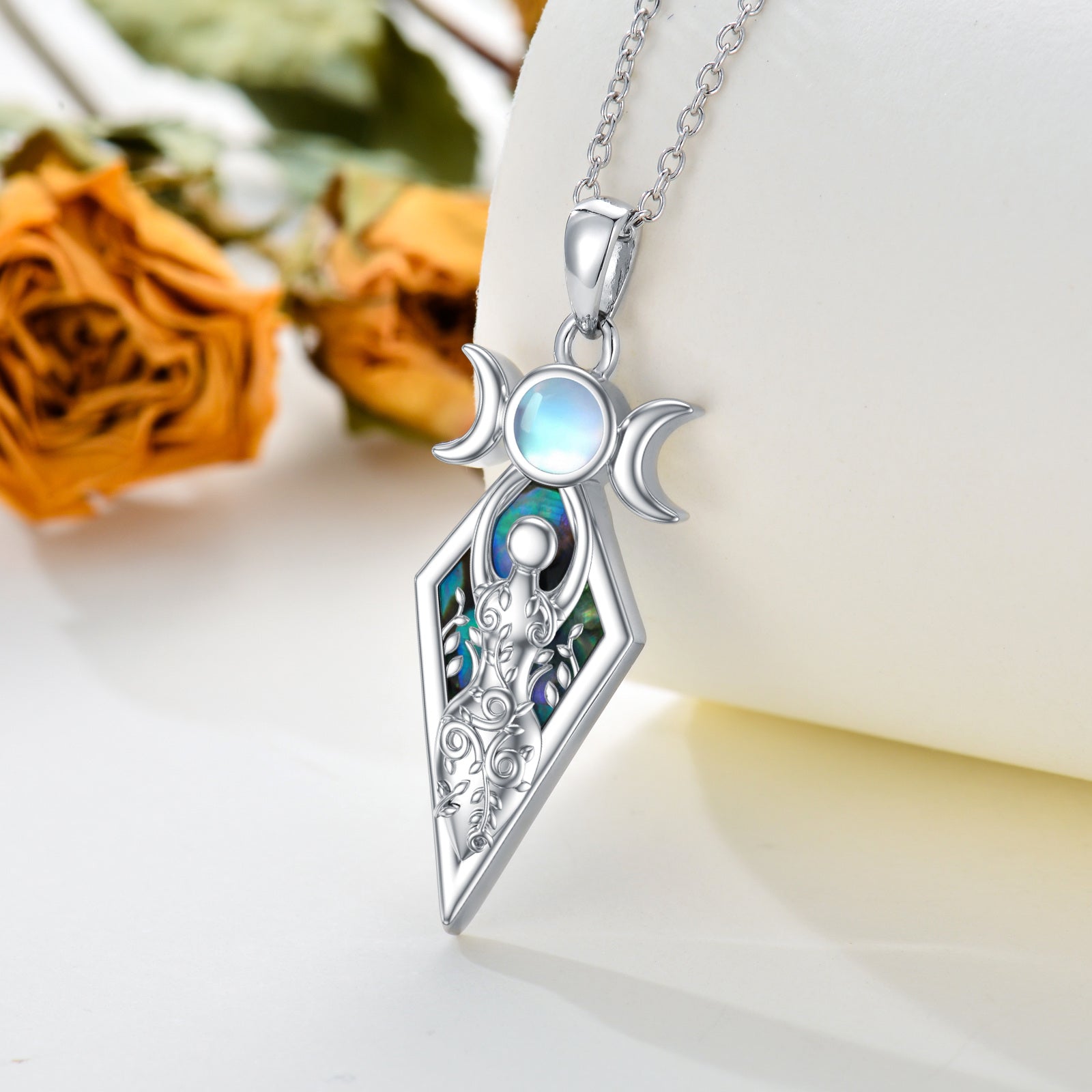 Sterling Silver Abalone Shellfish & Moonstone Triple Moon Goddess Pendant Necklace